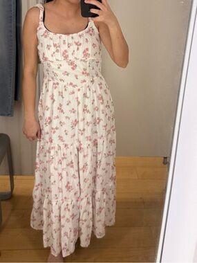 Floral Tie-Shoulder Maxi Dress in Cream and Pink